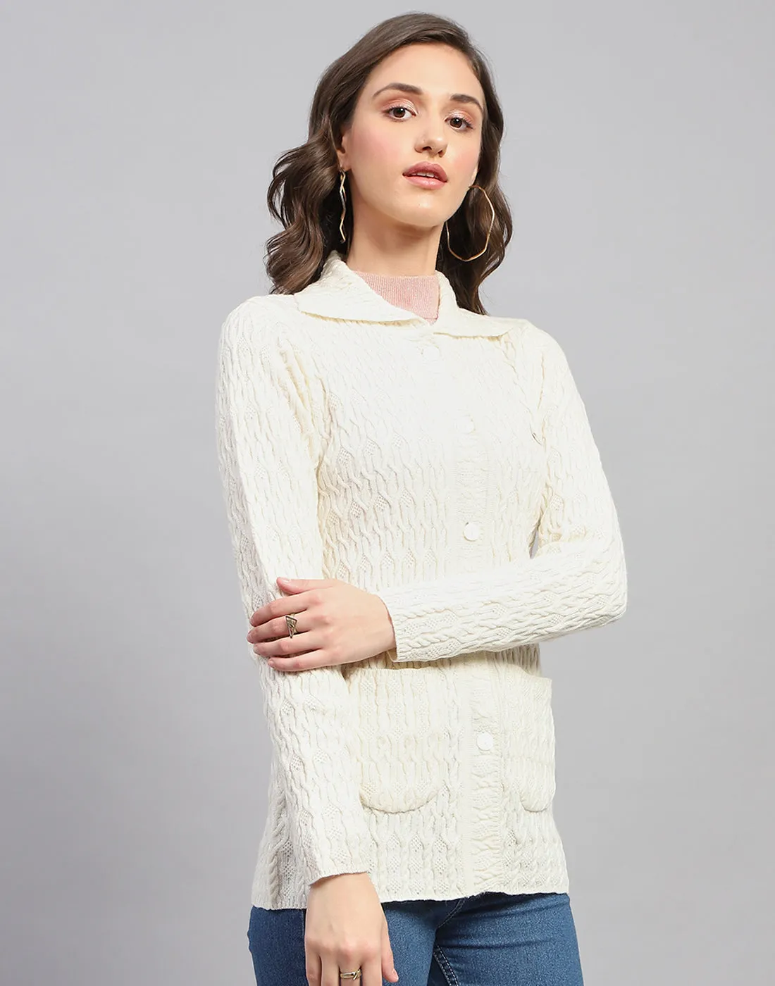 Women White Self Design Collar Full Sleeve Cardigan
