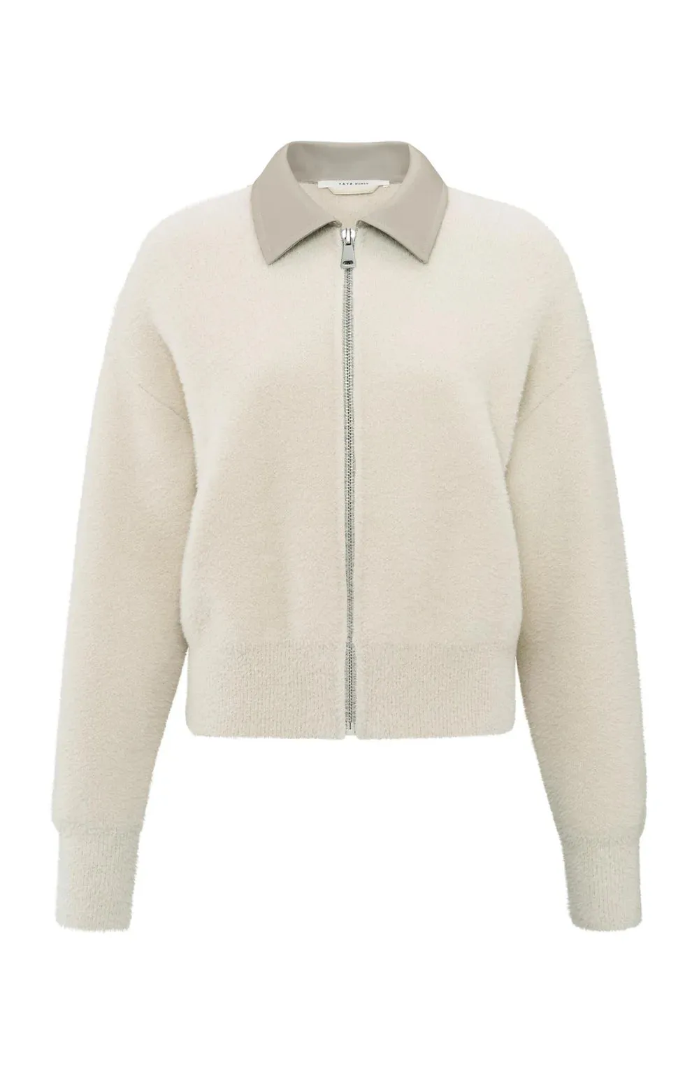 YAYA FLUFFY BEIGE CARDIGAN WITH FAUX LEATHER COLLAR